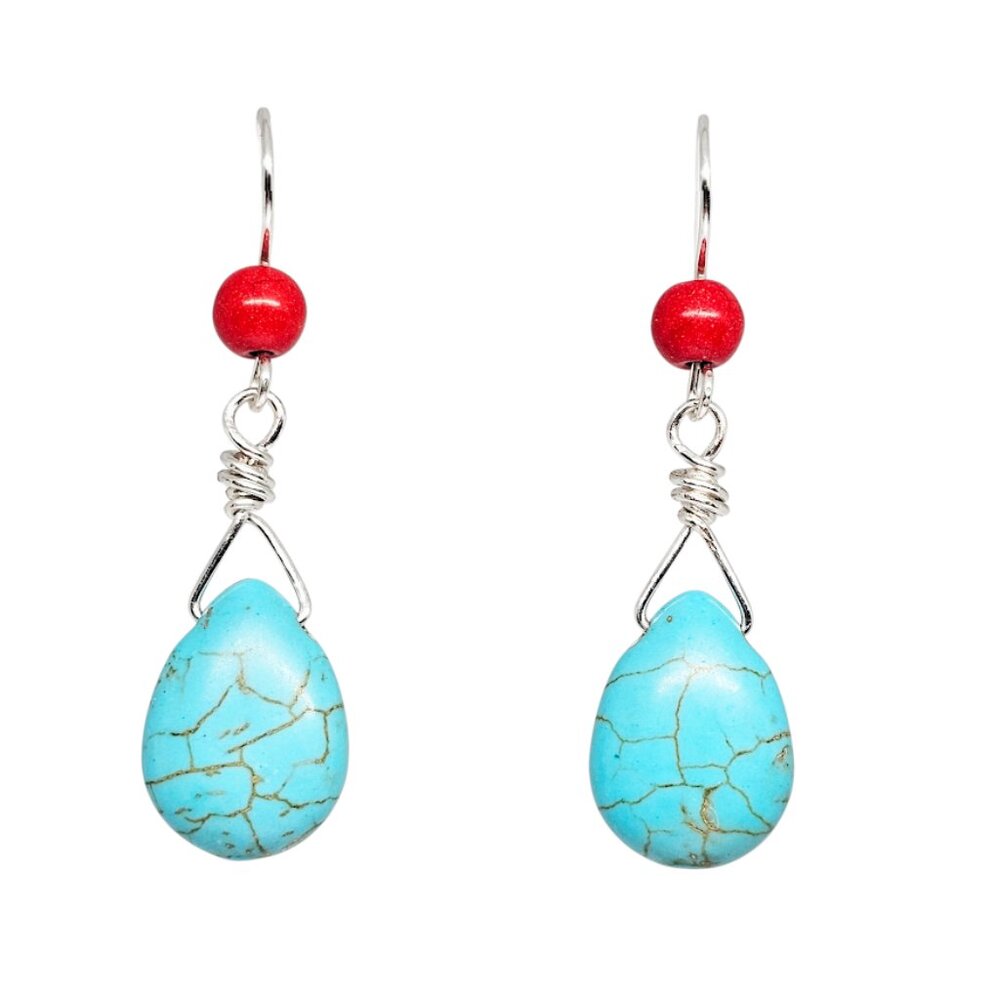 Handmade Blue & Red Magnesite Beaded Teardrop Silver Dangle Boho Earrings